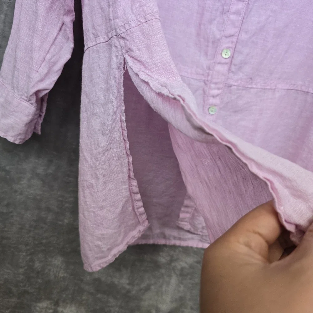 Tahari 100% Linen Button Down Tunic Top Pink Lightweight Roll-Tab Sleeves Medium - Picture 5 of 9